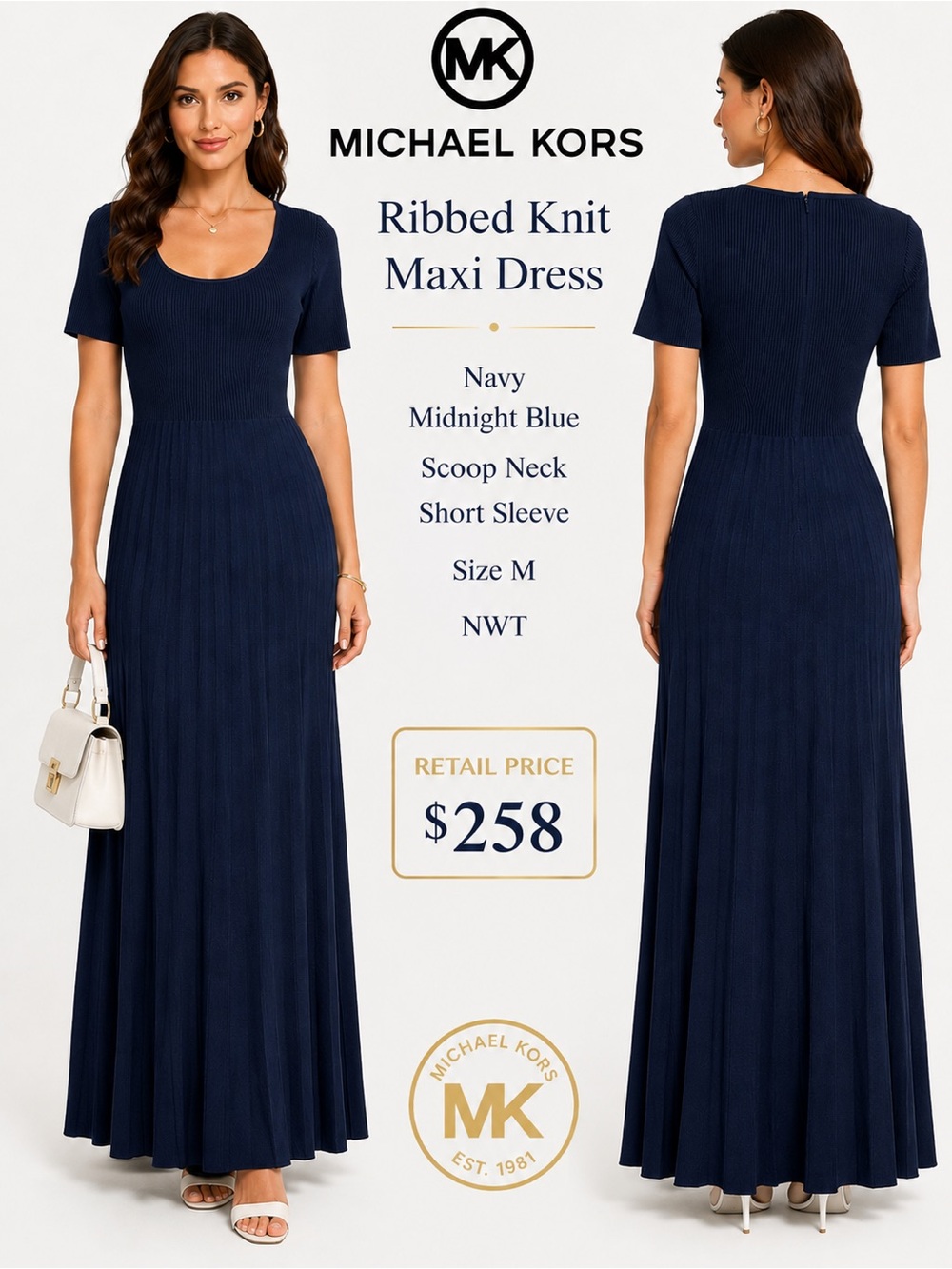 Michael Kors Ribbed Knit Maxi Dress Navy
Midnight Blue Scoop Neck Size M NWT